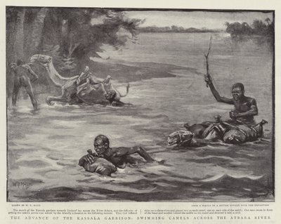 El avance de la guarnición de Kassala, camellos nadando a través del río Atbara de William T. Maud